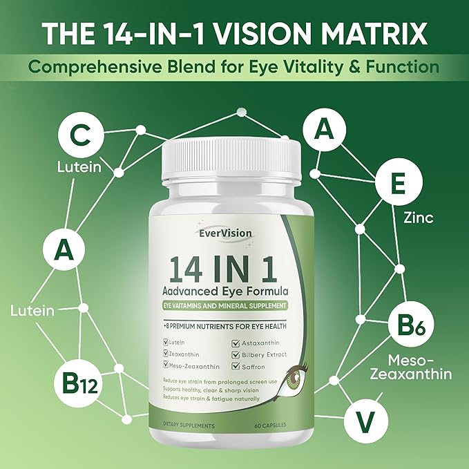 14 in 1 Advanced Eye Formula, Eye Supplement with Lutein, Zeaxanthin, Astaxanthin, Bilberry Extract & Zinc, Eye Vitamin and Mineral Supplement for Adults & Seniors, 60 Capsules (1)