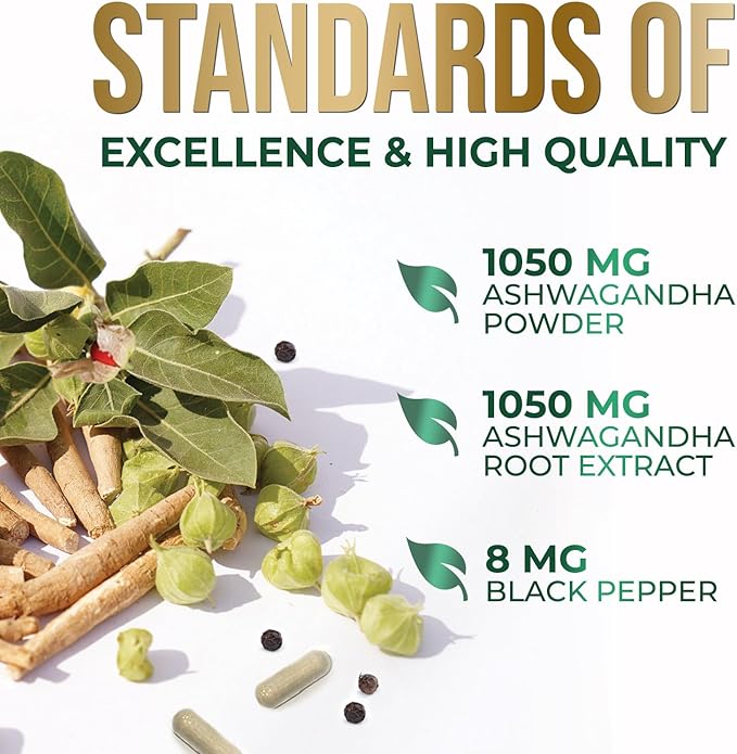 Ashwagandha Supplements - Premium Ashwagandha Capsule for Women & Men, Natural Antioxidant Support Ashwa Root Extract, Extra Strength Calm Support with Black Pepper, Vegan - USA Bottled - 60 Capsules