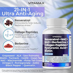 Vitamax Resveratrol NAD+ Berberine Hyaluronic Acid - Biotin Grape & Blueberry + NAC - Collagen Peptides - Hair, Nail, Skin & Joint Supplement - 21-in-1 Women and Men - Made in USA - 120 Count