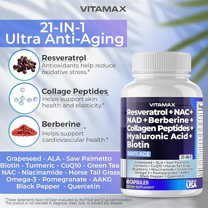 Vitamax Resveratrol NAD+ Berberine Hyaluronic Acid - Biotin Grape & Blueberry + NAC - Collagen Peptides - Hair, Nail, Skin & Joint Supplement - 21-in-1 Women and Men - Made in USA - 120 Count