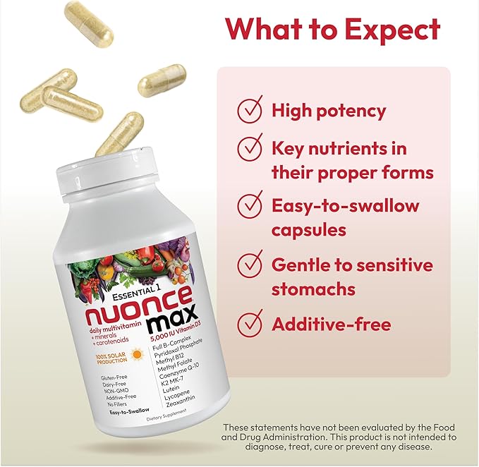 ANDREW LESSMAN Essential-1 nuonce max Multivitamin 5000 IU Vitamin D3 30 Small Capsules. 100 mcg Methyl B12. CoQ10 Lutein Lycopene Zeaxanthin. High Potency. No Additives. Ultra-Mild One Daily Capsule