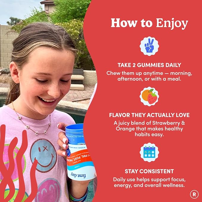 FIRST DAY Vitamins for Teens 3-in-1 Probiotic Gummies - Prebiotic + Probiotic + Postbiotic for Teens Girls & Boys 12-17 – Skin Health, Digestive & Oral Health, Immunity, Energy – 30-Day Supply