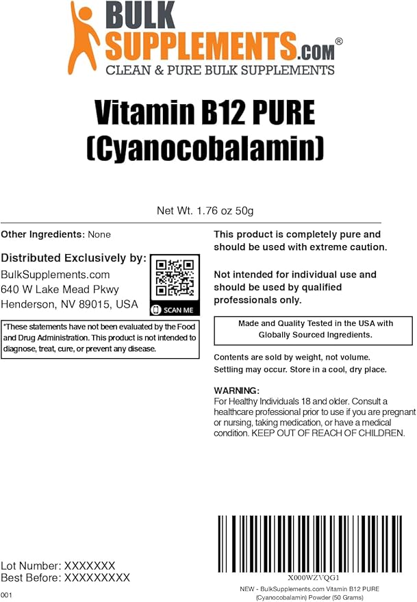 BulkSupplements.com Pure Vitamin B12 Powder - as Cyanocobalamin, Vitamin B Supplements, Cyanocobalamin B12 Supplement - Pure Product, Multiple Servings, 50g (1.8 oz) (Pack of 1)