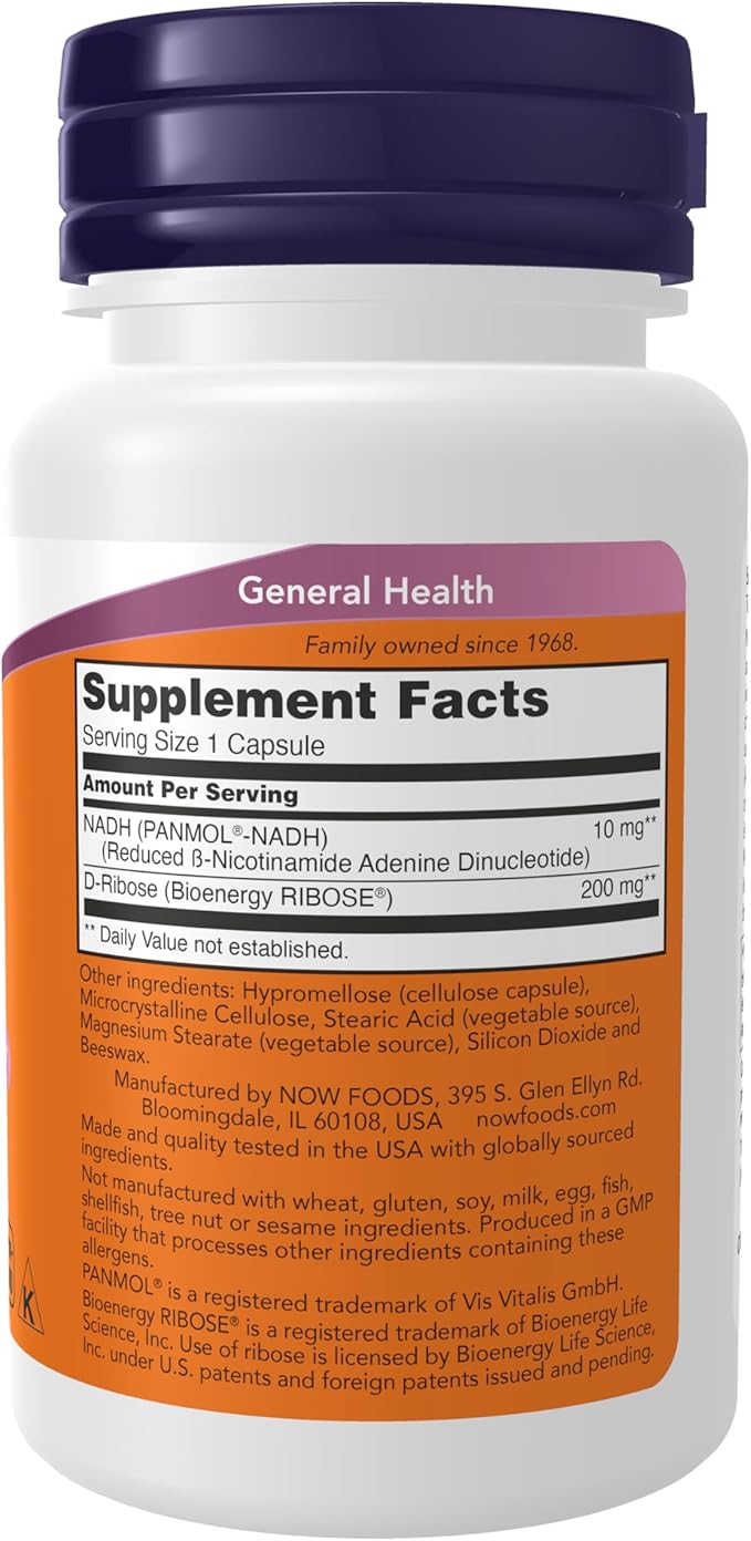 NOW Supplements, NADH (Reduced Nicotinamide Adenine Dinucleotide) 10 mg with 200 mg D-Ribose, 60 Veg Capsules