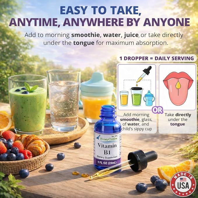 Vitamin B1 (Thiamine) Drops - High Potency Thiamine Vitamin B1 Extract - Vegan, Alcohol-Free Non-GMO Vitamin Liquid - Maintain Nervous System Health, Support Digestion & Boost Energy, 1 Fl Oz.