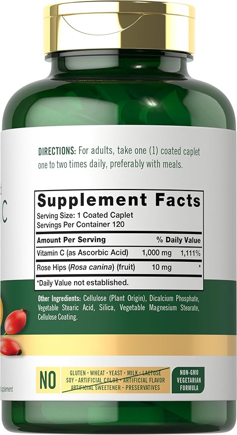 Carlyle Vitamin C 1000mg | Timed Release | 120 Vegetarian Caplets | with Rose Hips | Non-GMO & Gluten Free Supplement