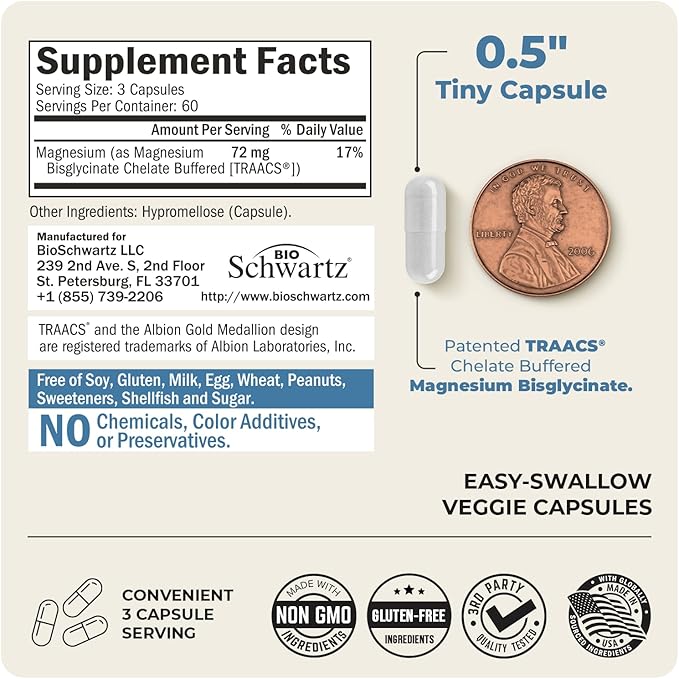 Magnesium Bisglycinate Chelated Supplement - High Absorption Magnesium Glycinate Supplement for Women and Men - Sleep, Muscle, Bone & Joint Support - Non-GMO, Non-Laxative Chelate - 180 Capsules
