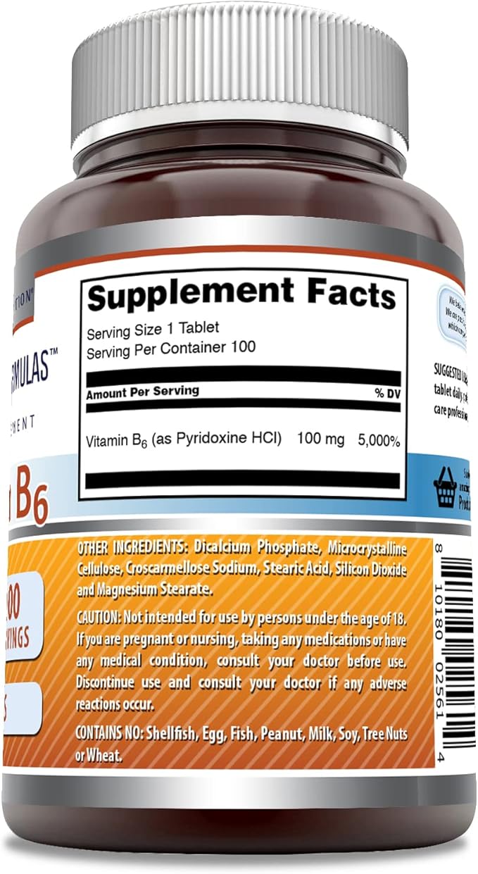 Amazing Formulas Vitamin B6 (Pyridoxine HCI) Supplement | 100 Mg | Tablets | Non-GMO | Gluten-Free | Made in USA (1 Pack | 100 Count)