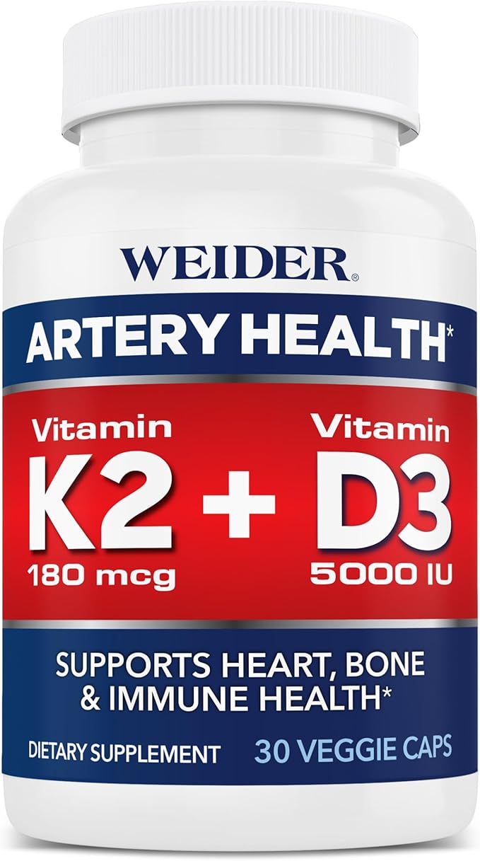 Weider Artery Health - Artery Flexibility & Heart Health - with Vitamin K2, D3 & Ginger - Bone & Immune Support* - Gluten Free & Vegan - 30 Veggie Capsules