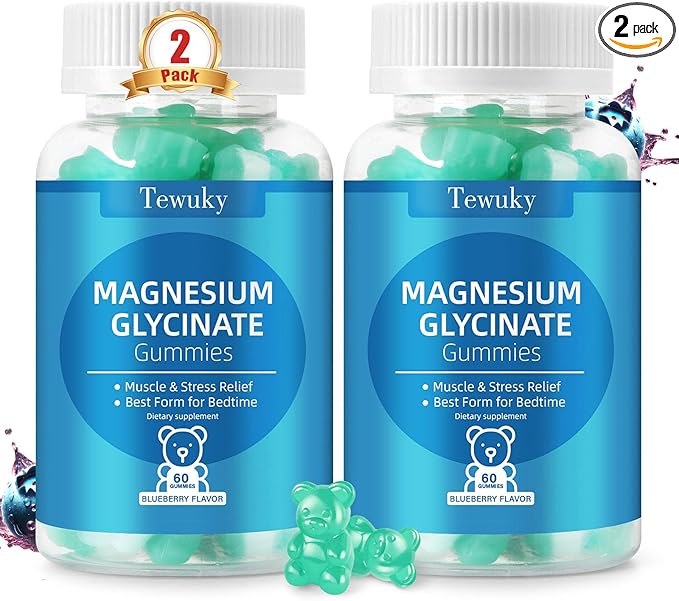 Magnesium Glycinate Gummies 2 Bottles, Sugar-Free for Adults & Kids, Best Magnesium Gummies for Sleep, Stress & Muscle Relief, Supports Bone & Nerve Health, Vegan, Pectin-Based, Blueberry Flavor