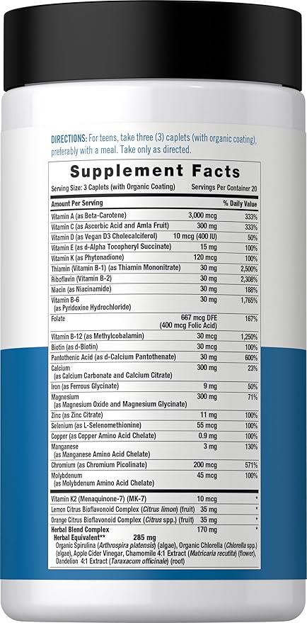 Carlyle Teen Multivitamin for Boys | 60 Caplets | Once Daily | Easy to Digest with Probiotics & Enzymes | with Iron | Non-GMO, Gluten Free