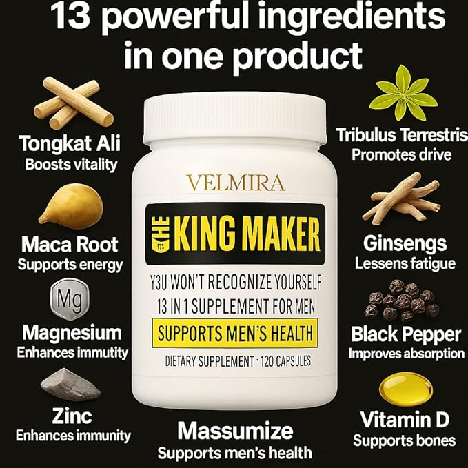 Velmira® King Maker Supplement for Men & Women 13-in-1.Sugar-Free.Energy Support.Muscle Recovery.Health Support- Zinc-Tongkat Ali-Maca-Magnesium-Vitamin D3.Supplement.120 Capsules-(1) kin.Pack of 1