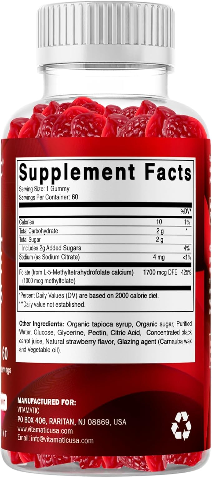 Vitamatic Methylfolate Gummies 1000 mcg – Active 5-MTHF Form – Natural Strawberry Flavor – Vegan, Non-GMO, Gluten Free – 60 Gummies