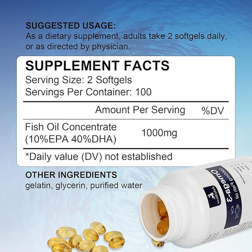 2 Bottles of Omega 3 Fish Oil Concentrate Supplement 1000 mg, with EPA and DHA, Support Heart, Joint, Brain, and Eye Health, 400 Softgels