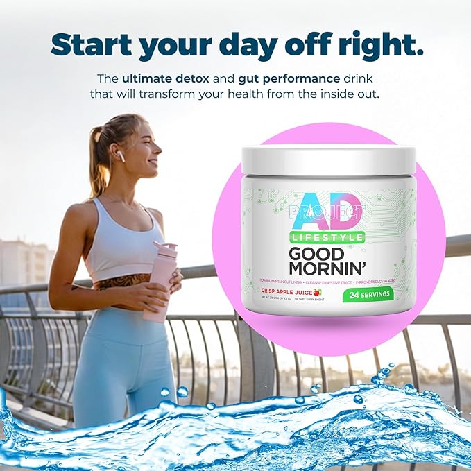 Project AD Life Good Morning Detox and Performance Drink, Naturally Flavored and Formulated with L-GLutamine, Apple Cider Vinegar, and Aloe Vera (24 Servings, Fresh Pressed Orange Juice)
