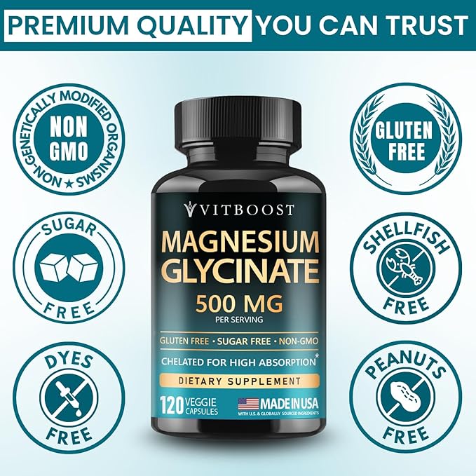 VITBOOST Magnesium Glycinate 500mg - High Absorption Chelated Supplement - Supports Sleep, Muscle Recovery & Heart Health - Non-GMO, Vegan - 120 Capsules - Made in USA