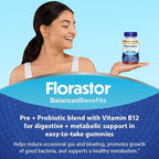 Florastor Prebiotic and Probiotic Gummies, Digestive and Metabolic Support Probiotic Blend for Multi-Action Digestive Health Care, with Vitamin B12, 56 Gummies