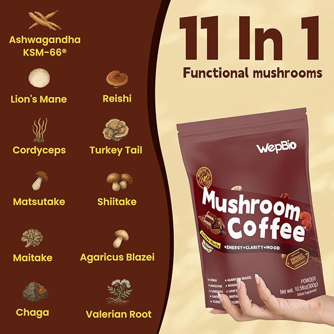 Mushroom Coffee Mocha 11 in 1 Adaptogenic Mushroom Blend with Ashwagandha KSM-66,Lions Mane,Reishi,Turkey Tail Instant Mushrooms Coffee for Boost Energy,Focus,Sugar-Free,30 Servings