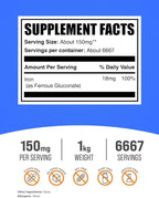 BulkSupplements.com Ferrous Gluconate Powder - Essential Mineral for Energy, Iron 18mg - Iron Supplements, Gluten Free, 150mg per Serving, 1kg (2.2 lbs) (Pack of 1)