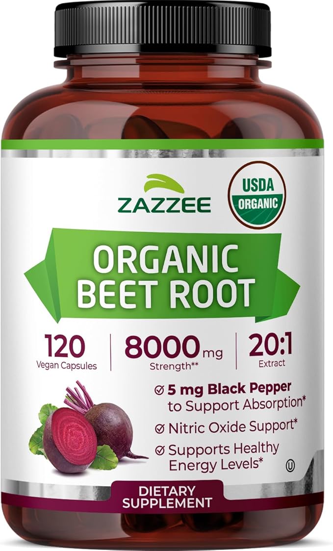 Zazzee USDA Organic Beet Root 20:1 Extract, 120 Vegan Quick Release Capsules, 4 Month Supply, Nitric Oxide Support, Black Pepper Extract for Enhanced Absorption, Certified Kosher, Non-GMO, Made in USA