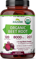 Zazzee USDA Organic Beet Root 20:1 Extract, 120 Vegan Quick Release Capsules, 4 Month Supply, Nitric Oxide Support, Black Pepper Extract for Enhanced Absorption, Certified Kosher, Non-GMO, Made in USA