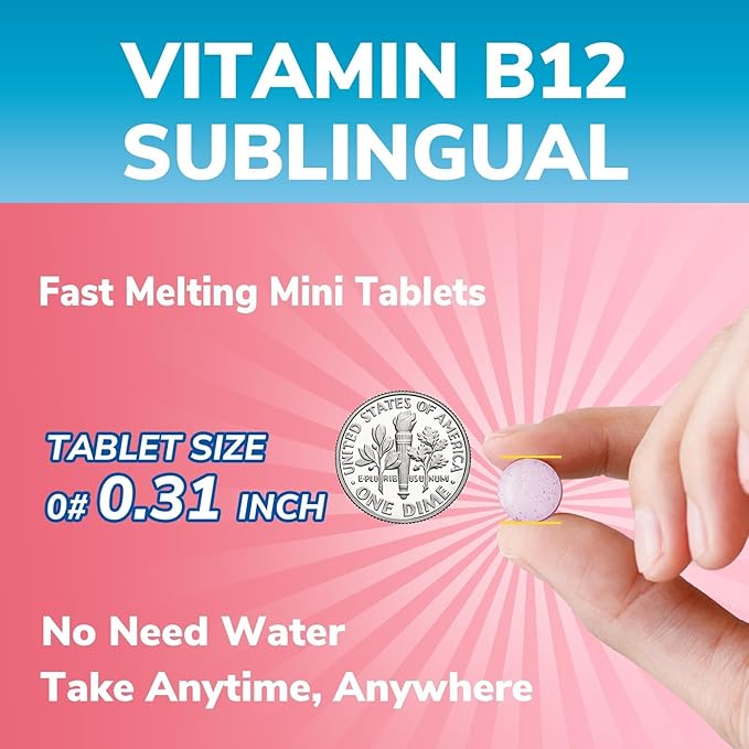 Vitalibre Vitamin B12 Sublingual 5000 mcg, Methylcobalamin, Bioactive Form, High Absorption, Vegan, Nerve, Energy, Immune, Mood Support, Natural Peach Flavor, 120 Fast Dissolve Mini Tablets, No Sugar