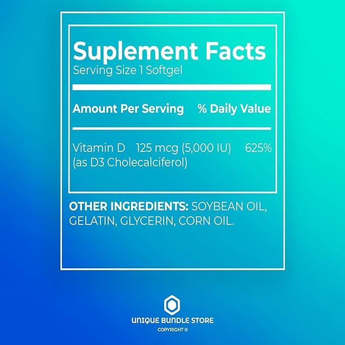 Extra Strength Vitamin D3 5000 IU 125 mcg – 250 Softgels, High Potency D3 Vitamin Supplement, Daily Vitamin D for Bone Strength, Immune Support (Pack of 1)