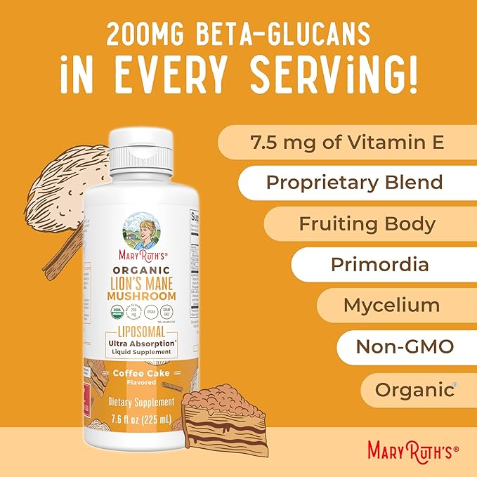 MARYRUTH'S Organics Lions Mane Supplement | Ultra Absorption Liposomal | Full Spectrum Lion's Mane Mushroom | 200mg Beta-Glucans Per Serving | USDA Organic | Vegan | 7.6 oz | 15 Servings