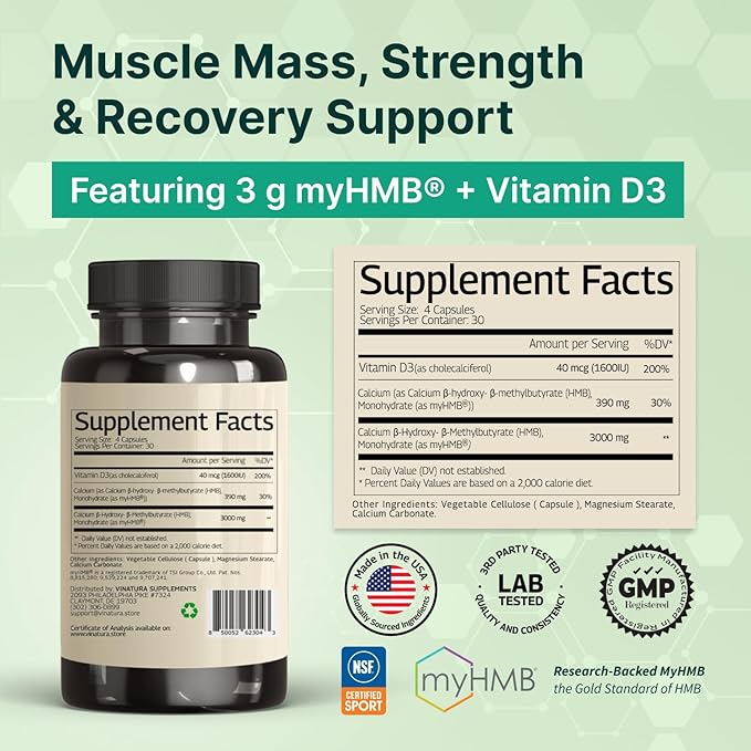 VINATURA HMB 3000mg and Vitamin D3 Supplement - HMB (Beta-Hydroxy Beta-Methylbutyrate), Vitamin D3 (1600 IU), Made in USA & NSF Certified for Sport - 120 Capsules