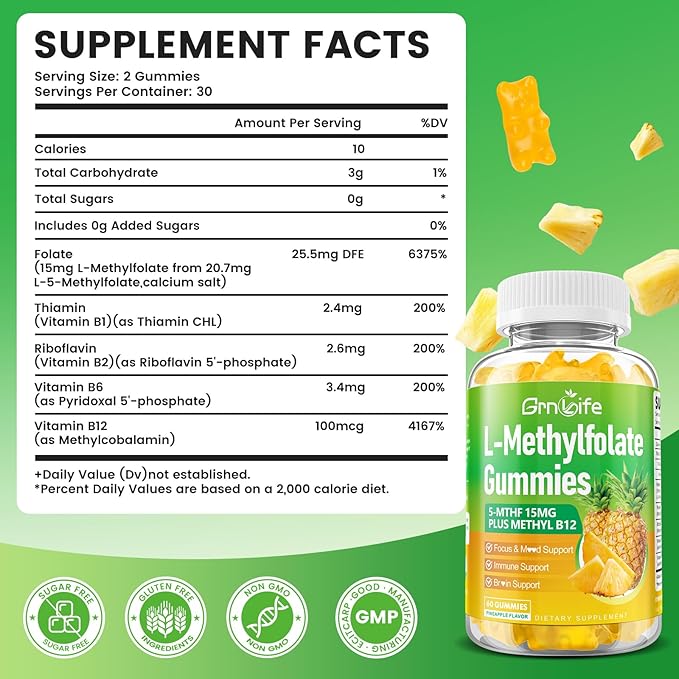 2 Pack L-Methylfolate 15 mg Gummies with Methyl B12, Methylated B1, B2, B6, Active 5-MTHF & High Absorption - Supports Brain Health & Immune System, Pineapple Flavor, 120 Count