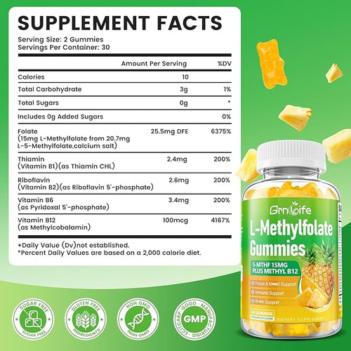 2 Pack L-Methylfolate 15 mg Gummies with Methyl B12, Methylated B1, B2, B6, Active 5-MTHF & High Absorption - Supports Brain Health & Immune System, Pineapple Flavor, 120 Count