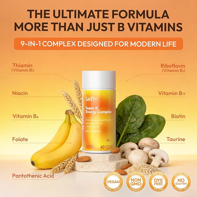 Vitamin B Complex with B1, B2, B3, B5, B6, B7, B9, B12 Taurine–Immune Support, Energy Metabolism and Nervous System – Super B Complex with Blood Orange Powder – 60 Tablets for Men & Women