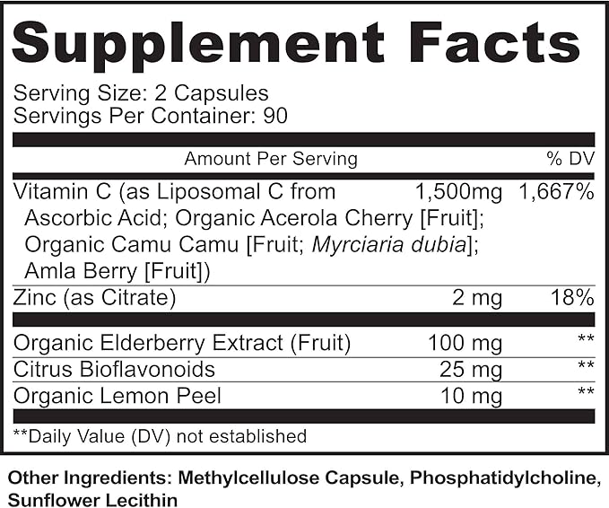 Liposomal Vitamin C with Zinc Capsules - Vit C Organic Elderberry, Amla, Camu Camu- Vitamina C High Absorption, Anti Aging, Immune Support,1500mg/Serving 3 Month Supply Gluten Free NON GMO Veggie Caps