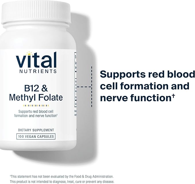 Vital Nutrients Vitamin B12 & Methyl Folate - Vegan Methylated Folate & B12 Supplement - 5-MTHF Plus B12 Supports Nervous System & Metabolism* - Gluten, Dairy, Soy Free - 100 Capsules