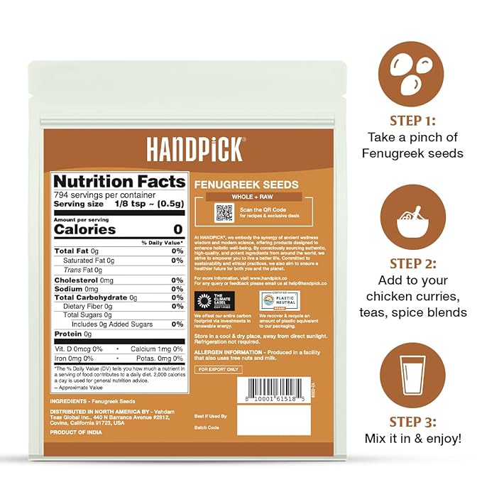 HANDPICK Fenugreek Seeds (14oz) ALL NATURAL Fenugreek - Indian Origin Whole Methi Seeds (Trigonella Foenum Graecum) Fenogreco En Semillas | Resealable Ziplock Pouch