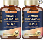 13-in-1 Vitamin B Complex Plus with Vitamin B1, B2, B3 (Niacin), B4, B5, B6, B7 (Biotin), B8 (Inositol), B9 (Folate), B12, C, D3, K2 for Energy, Nerve, Immune, Skin - 120 Caps per Bottle - 2 Bottles