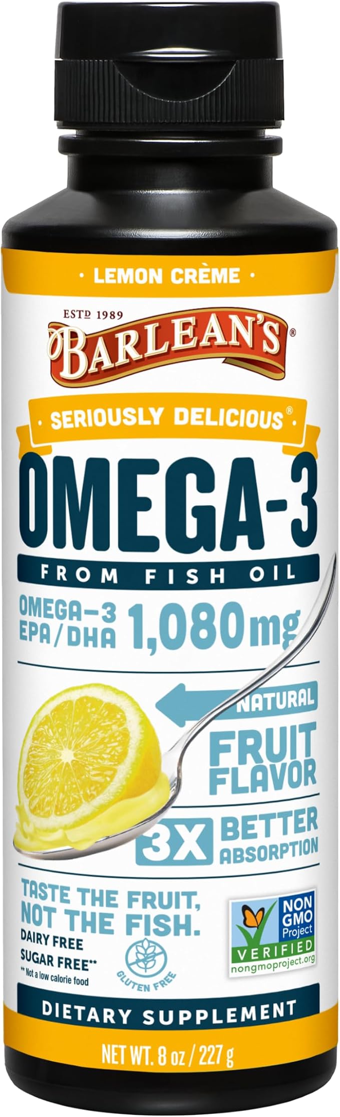 Barlean's Omega 3 Fish Oil Liquid Supplement for Men and Women, 1080mg of EPA and DHA Fatty Acid, Promotes Brain & Heart Health - Non-GMO, Lemon Crème, 8 oz