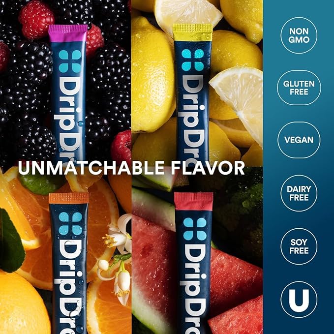 DripDrop Hydration Packets - Bold Variety Pack - Single Serve Electrolytes Powder Drink Mix - Watermelon, Berry, Lemon, Orange - Non-GMO, Gluten Free - 16OZ Serving Size - 80 Sticks - Value Pack