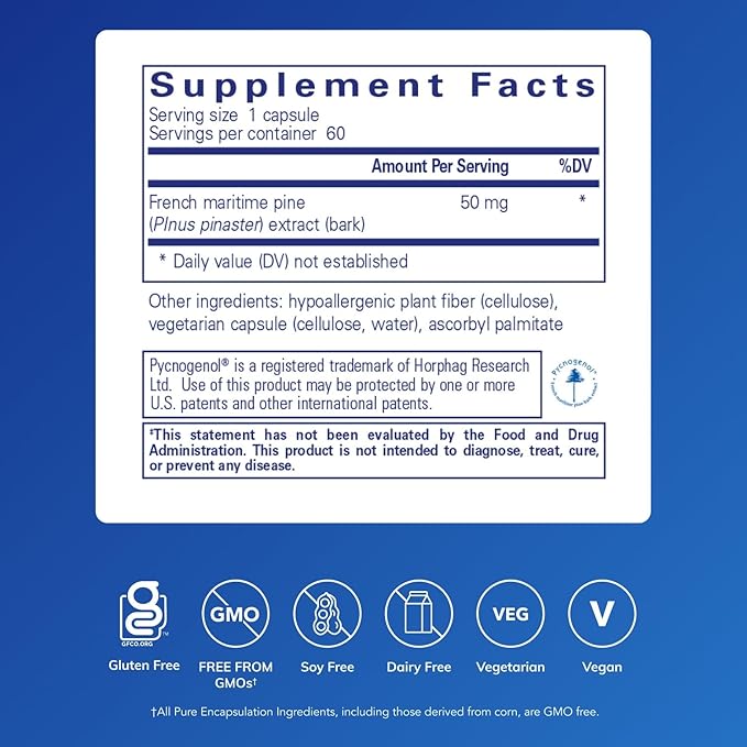 Pure Encapsulations Pycnogenol (Pine Bark Extract) 50 mg | Hypoallergenic Supplement to Support Cognitive Function and Cardiovascular Health | 60 Capsules