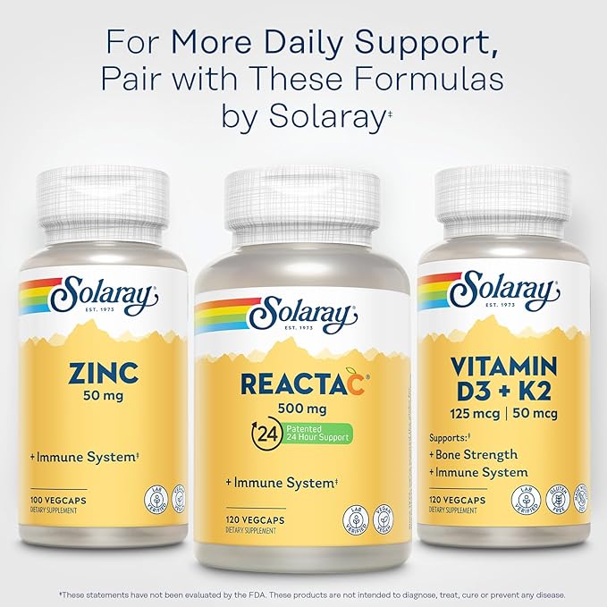 SOLARAY Reacta-C with 500mg Vitamin C, 200mg Bioflavonoid Concentrate, Immune System Defense Vitamins, Patented 24 Hour Immunity Booster Support Supplement, Vegan, 120 Capsules, 120 Servings.