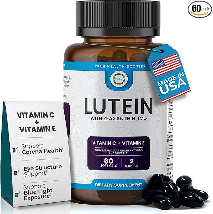 Lutein Vitamin C + Vitamin E – 20mg Lutein with 4mg Zeaxanthin – Eye Health Support – Blue Light & UV Protection – Supports Macular & Retinal Function – 60 Softgels – USA Made – GMP Certified