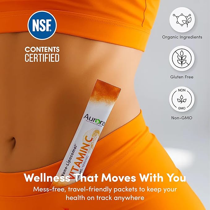 Aurora Nutrascience Nano-Pack Liposomal Vitamin C Powder Drink Mix - Healthy Immune Support for Adults, High Strength 3,000 mg Per Serving, Zero Sugar, - 30 Single Serve Packets, Orange