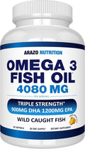 Arazo Nutrition Wild Caught Omega-3 Fish Oil Concentrate – 4,080mg per Serving – High EPA 1200mg & DHA 900mg – 90 Burpless Lemon Softgels