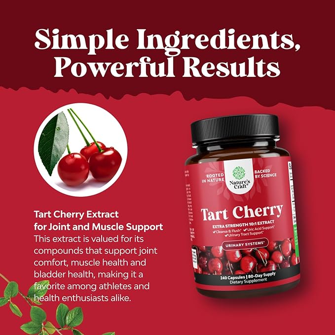 Natures Craft Extra Strength Tart Cherry Capsules - Tart Cherry Extract Capsules for Uric Acid Cleanse for Kidney Support - Fruit Extract Supplement for Urinary Tract Health & Joint Support - 240 Ct