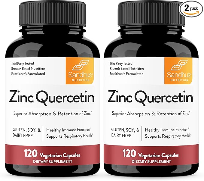 Sandhu's Zinc Quercetin 120 Vegetarian Capsules (Pack of 2) | High Absorption Zink Supplements for Immunity and Seasonal Allergy | Antioxidant Immune Support for Men and Women | Easy to Swallow