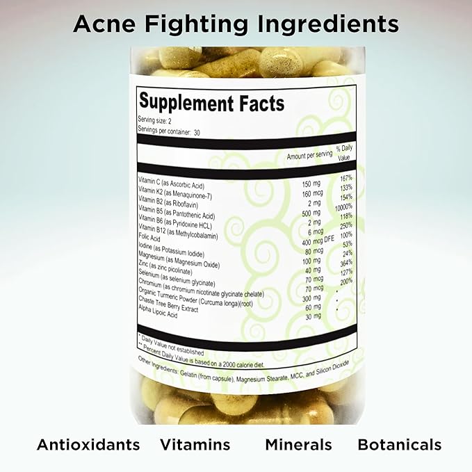 Clear Skin Acne Vitamins Capsules | Complexion Supplements with Pantothenic Acid B5, Zinc Picolinate, Vitex Chasteberry | 60 Count
