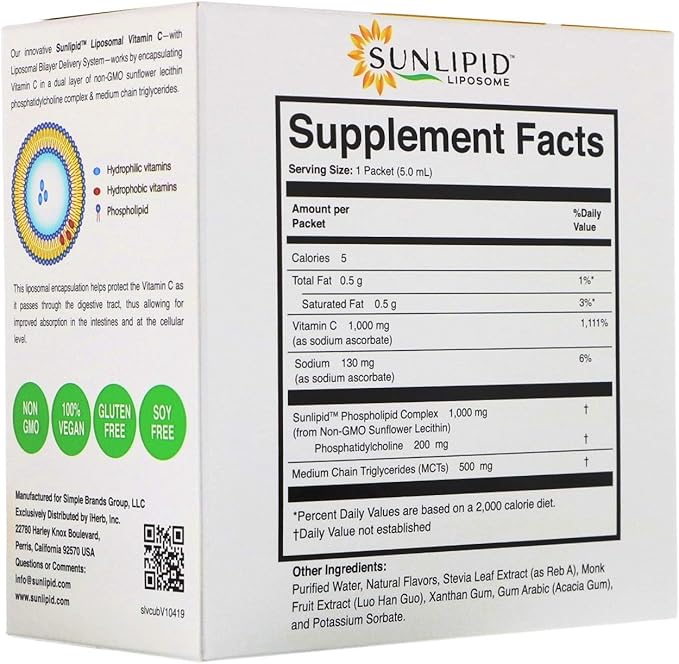 SunLipid Liposomal Vitamin C with MCT Oil, 30 Packets, 0.17 fl oz (5 ml) Each