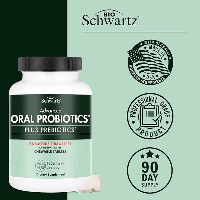 Oral Probiotics Supplement with Prebiotics - Supports Healthy Teeth Gums Mouth and Fresh Odorless Breath for Adults - Strawberry Flavored Chewable Dental Probiotic (90 Tablets, 90 Day Supply)