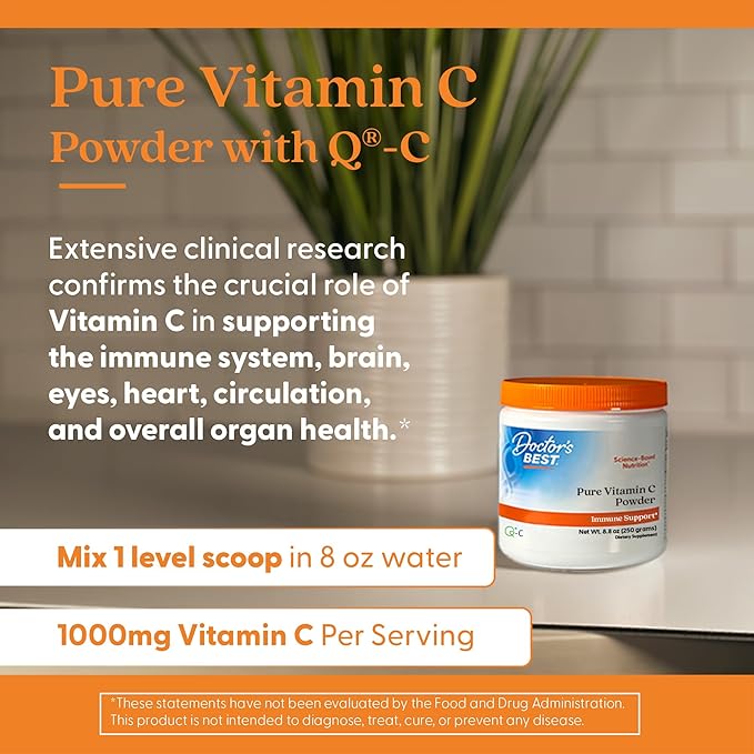 Doctor's Best Vitamin C Powder with Q-C, Healthy Immune System, Brain, Eyes, Heart and Circulation, Joints, Sourced from Scotland, 250G, 8.8 Ounce
