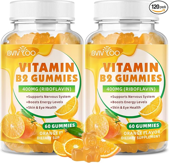 2 Pack Vitamin B2 Gummies - Riboflavin 400mg for Kids & Adults, Migraine Relief & Headache Relief, Vegan, Sugar-Free, Orange Flavor, 120 Gummies